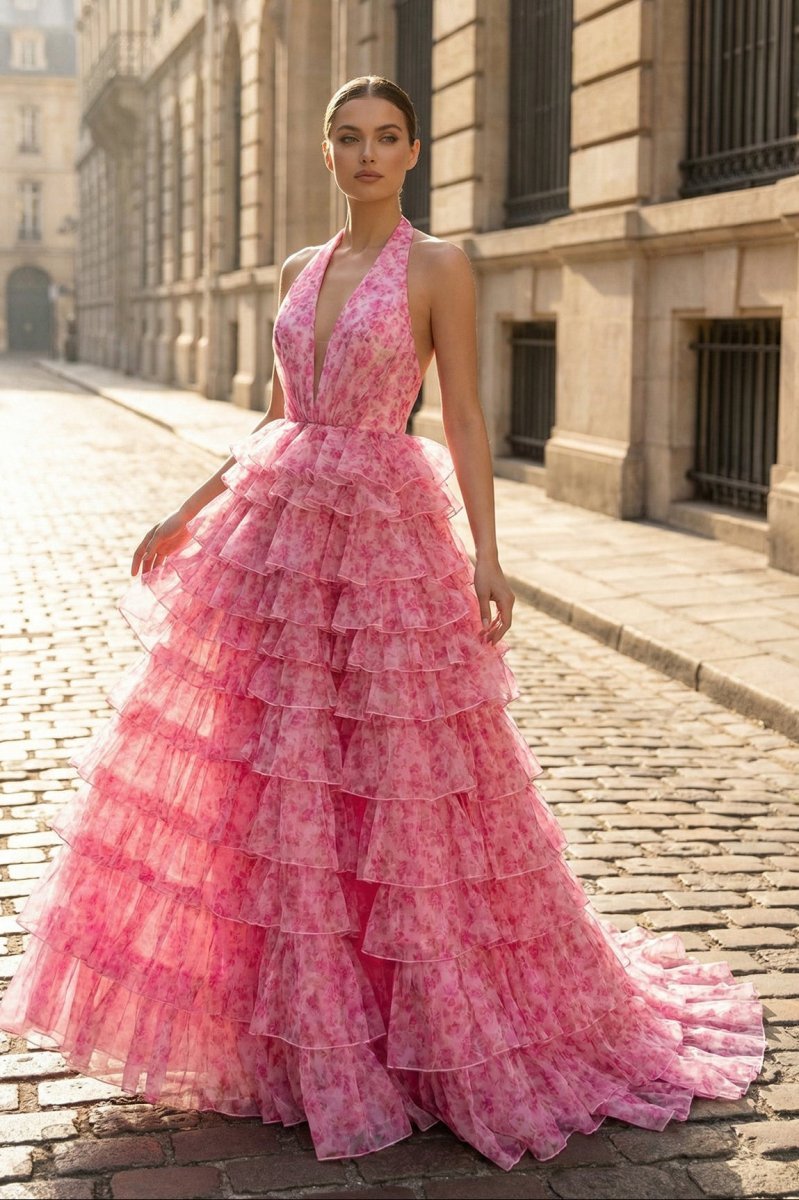 V-Neck Satin Slit Prom Dress