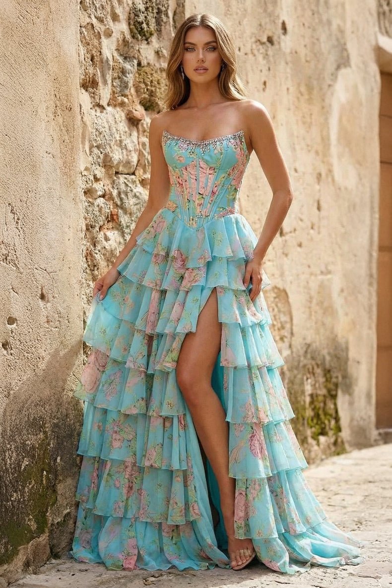 V-Neck Satin Slit Prom Dress